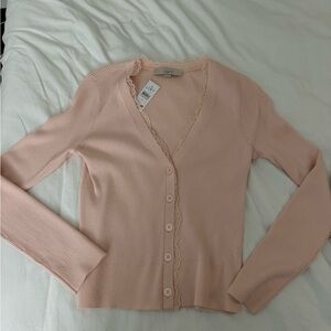 LOFT Pink Ribbed Lace V Neck Cardigan Sweater